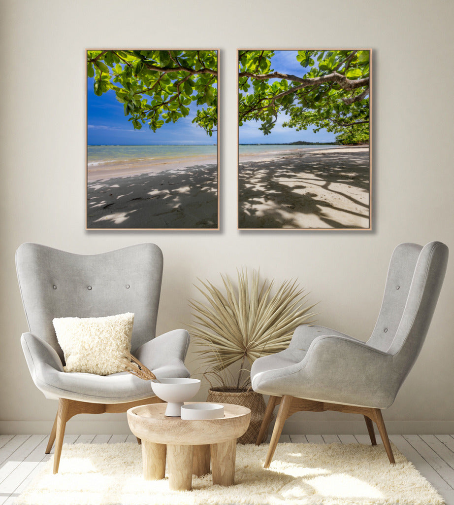 Quadro Decorativo Praia, Mar e Árvore Verde -Dupla
