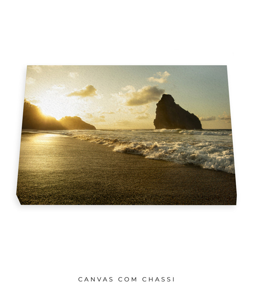 Quadro Decorativo Pôr do Sol, Praia e Rochas
