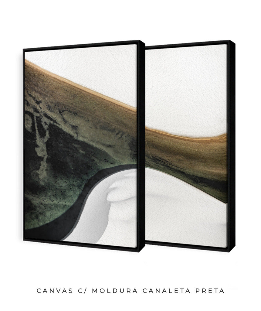 Quadro Decorativo Abstrato e Curvas - Tons Branco, Cinza e Verde-Dupla
