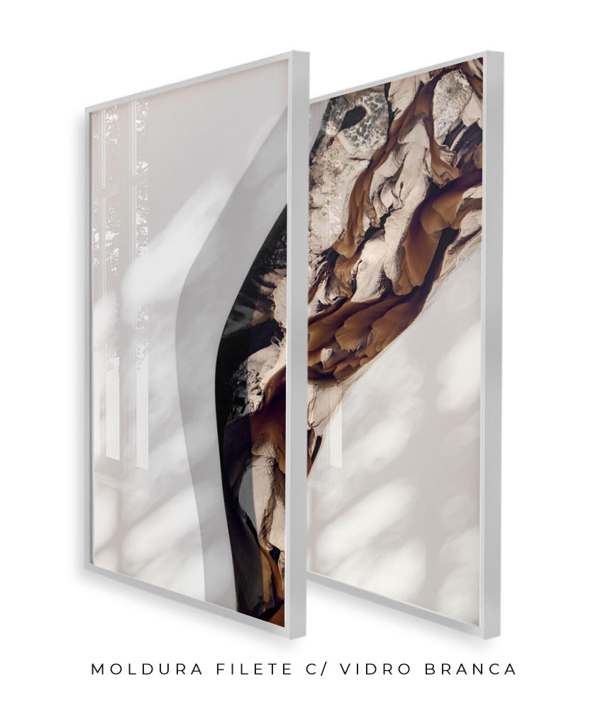Quadro Decorativo Abstrato e Curvas - Tons Marrom e Branco -Dupla
