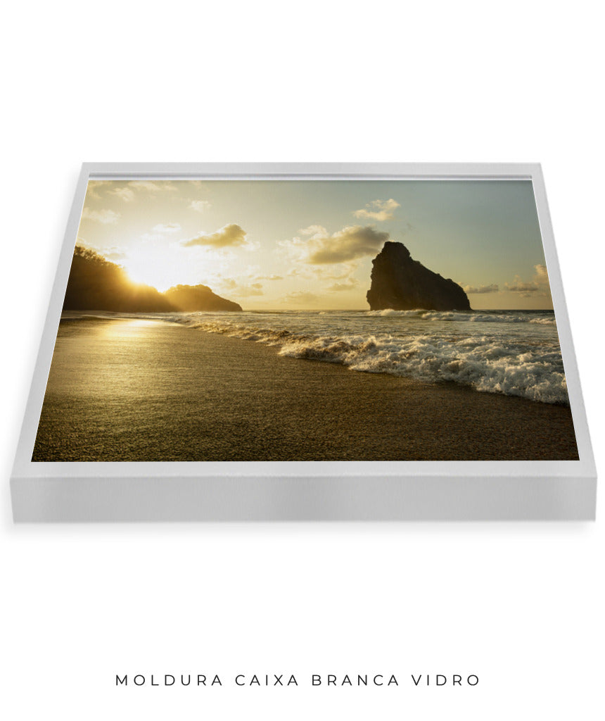 Quadro Decorativo Pôr do Sol, Praia e Rochas