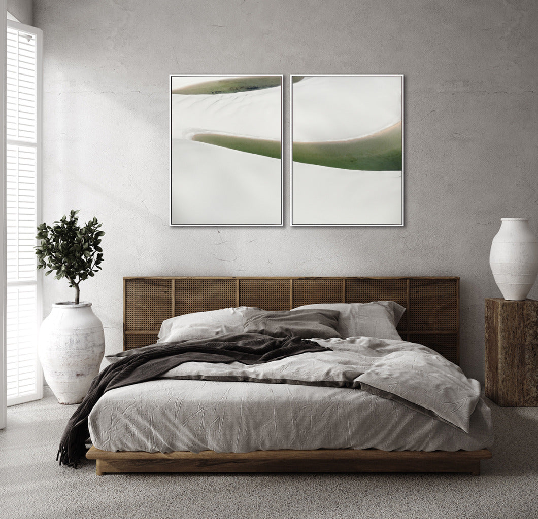 Quadro Decorativo Abstrato e Curvas - Tons Branco, Cinza e Verde-Dupla vertical