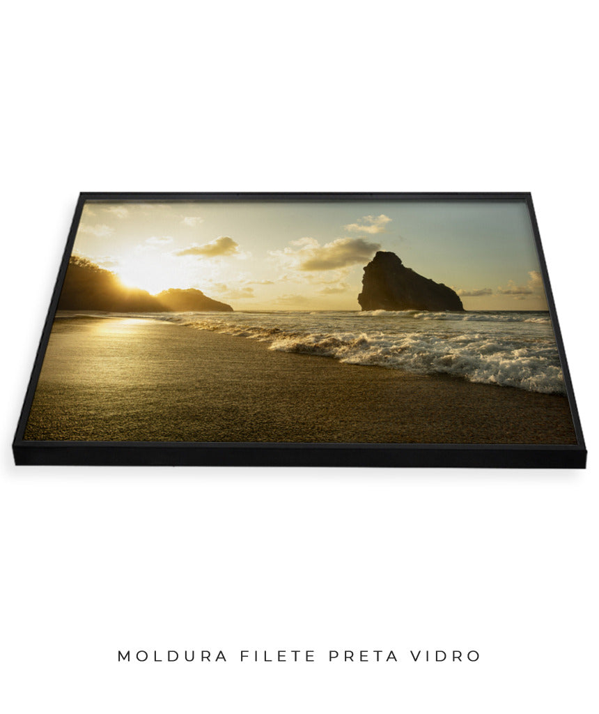 Quadro Decorativo Pôr do Sol, Praia e Rochas