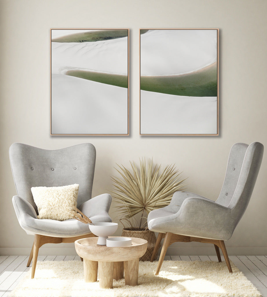 Quadro Decorativo Abstrato e Curvas - Tons Branco, Cinza e Verde-Dupla vertical