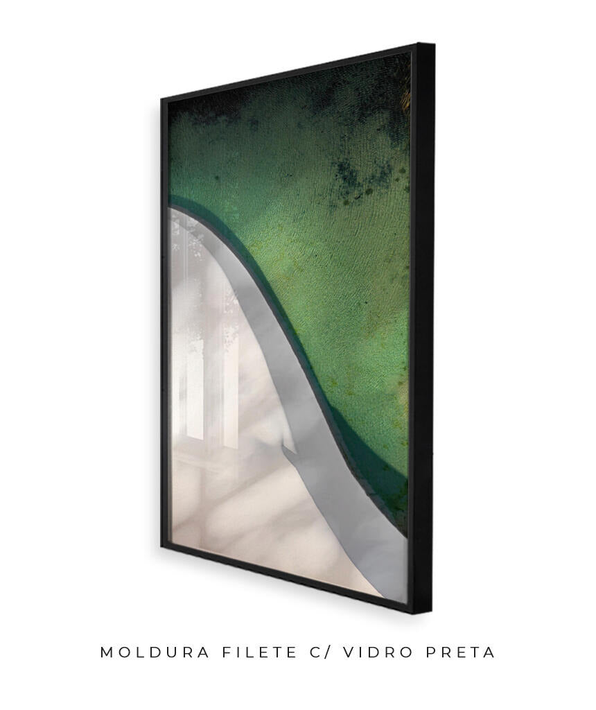 Quadro Decorativo Abstrato e curvas -Tons de branco e verde Vertical