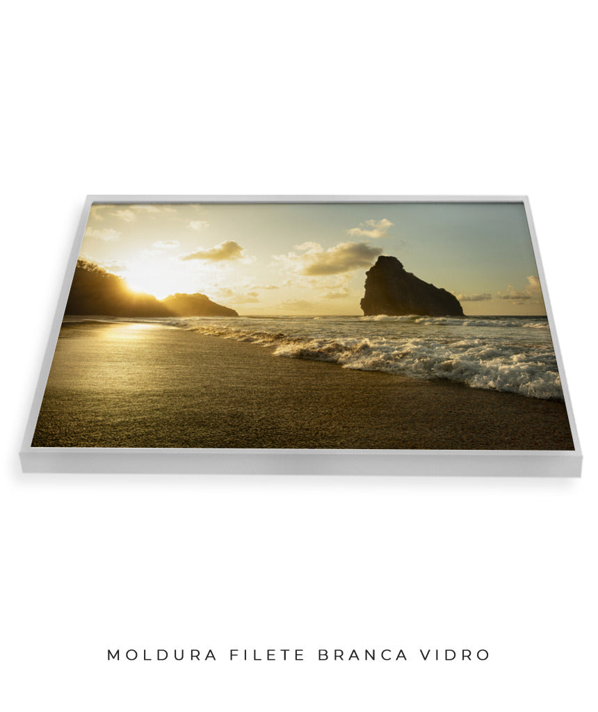 Quadro Decorativo Pôr do Sol, Praia e Rochas