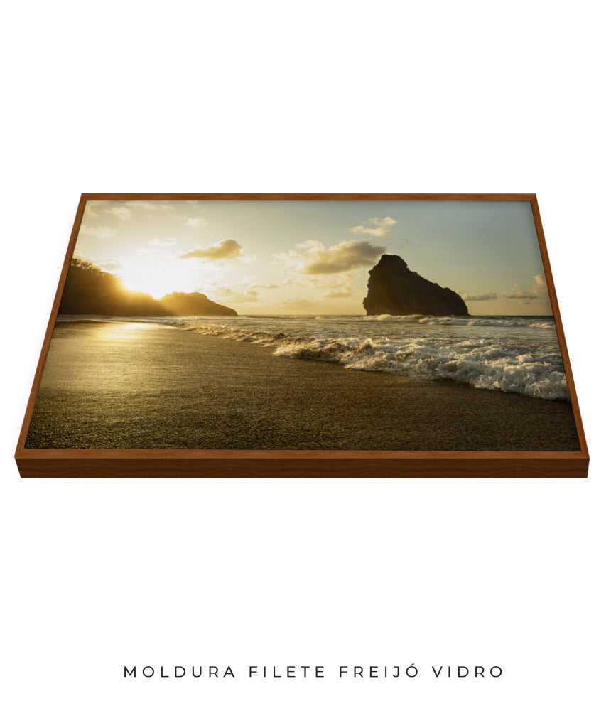 Quadro Decorativo Pôr do Sol, Praia e Rochas