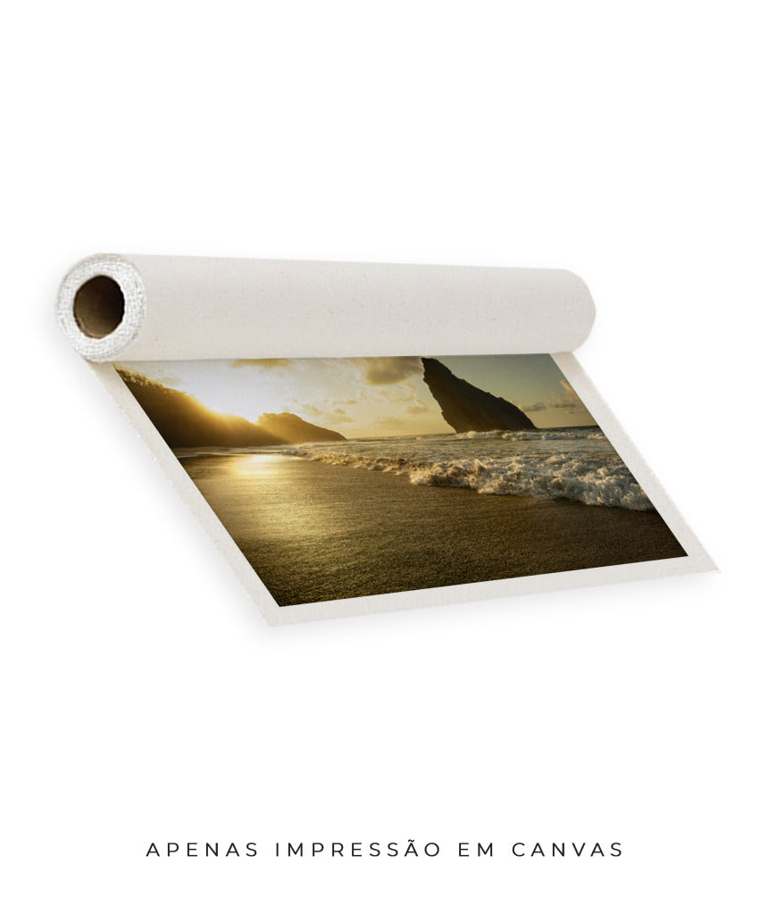 Quadro Decorativo Pôr do Sol, Praia e Rochas