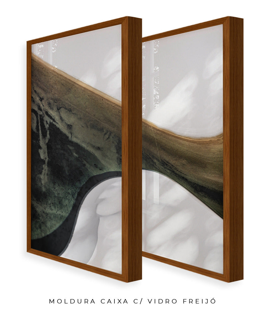 Quadro Decorativo Abstrato e Curvas - Tons Branco, Cinza e Verde-Dupla