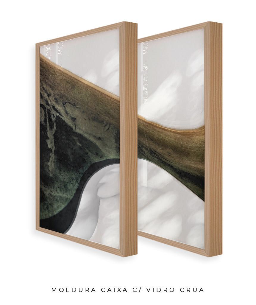 Quadro Decorativo Abstrato e Curvas - Tons Branco, Cinza e Verde-Dupla