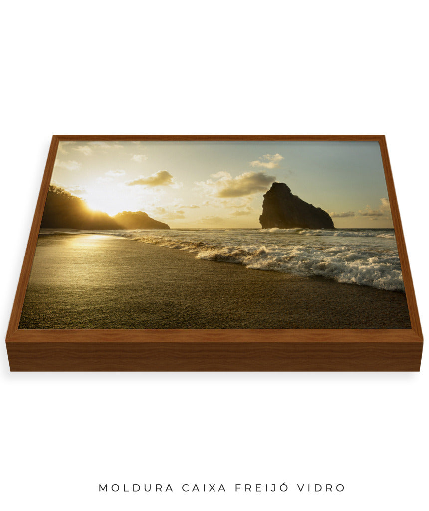 Quadro Decorativo Pôr do Sol, Praia e Rochas