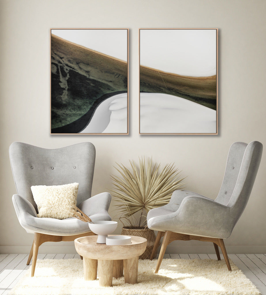 Quadro Decorativo Abstrato e Curvas - Tons Branco, Cinza e Verde-Dupla