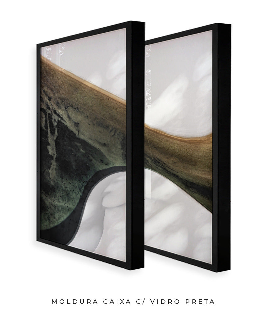Quadro Decorativo Abstrato e Curvas - Tons Branco, Cinza e Verde-Dupla