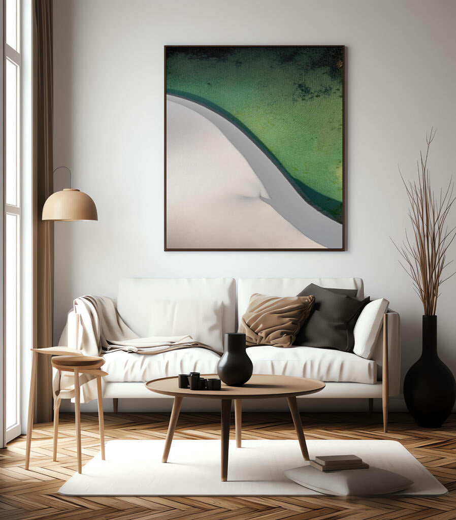 Quadro Decorativo Abstrato e curvas -Tons de branco e verde Vertical