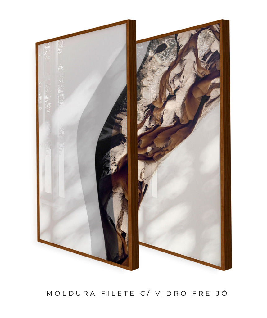 Quadro Decorativo Abstrato e Curvas - Tons Marrom e Branco -Dupla