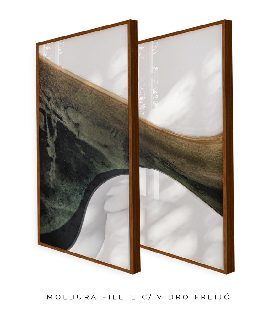 Quadro Decorativo Abstrato e Curvas - Tons Branco, Cinza e Verde-Dupla