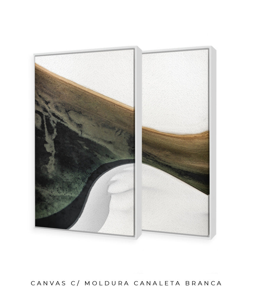 Quadro Decorativo Abstrato e Curvas - Tons Branco, Cinza e Verde-Dupla