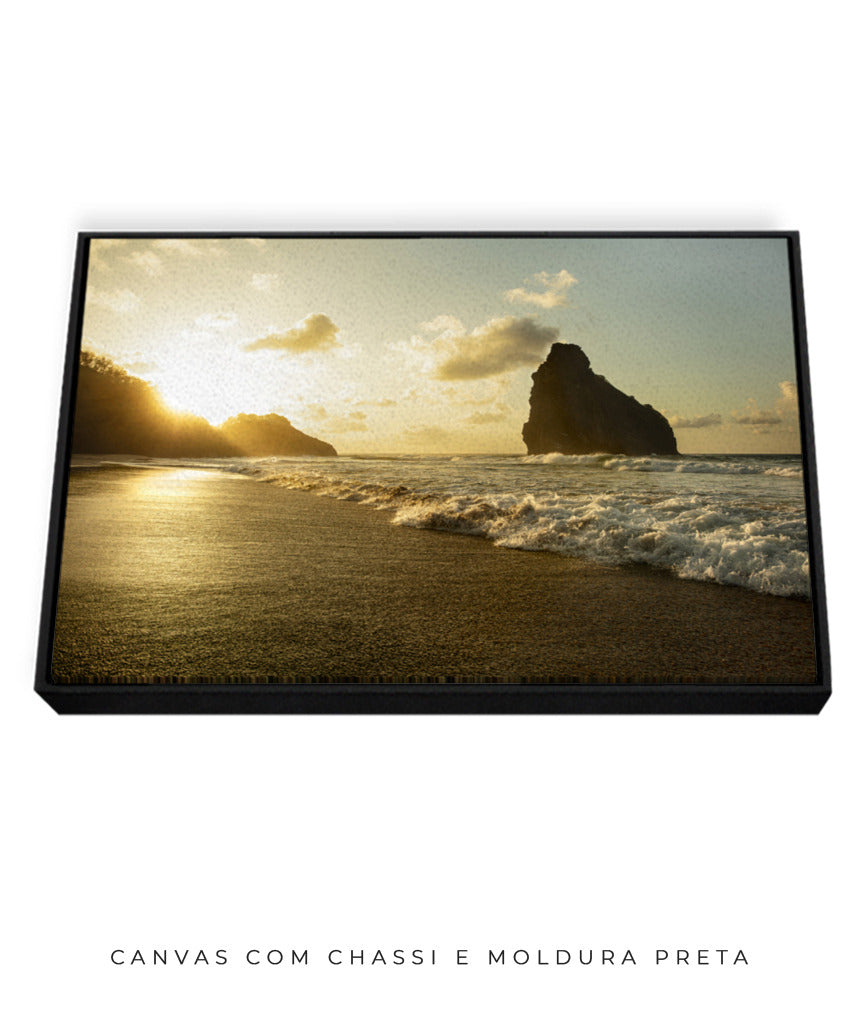 Quadro Decorativo Pôr do Sol, Praia e Rochas