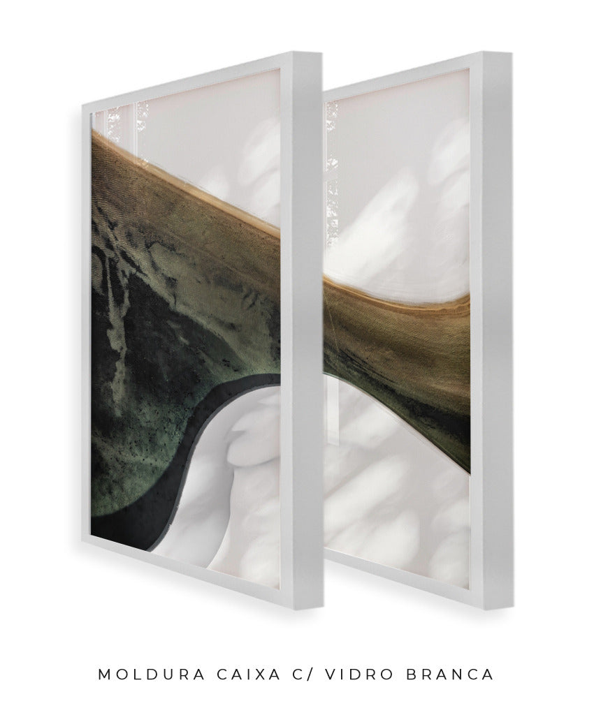 Quadro Decorativo Abstrato e Curvas - Tons Branco, Cinza e Verde-Dupla