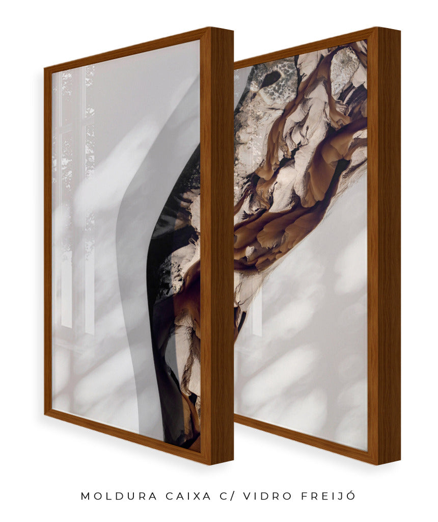 Quadro Decorativo Abstrato e Curvas - Tons Marrom e Branco -Dupla