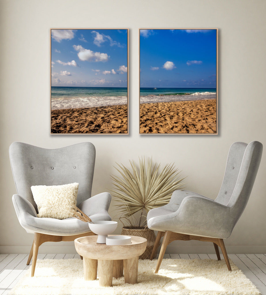 Quadro Decorativo Praia com Areia Marrom e Mar Azul -Dupla