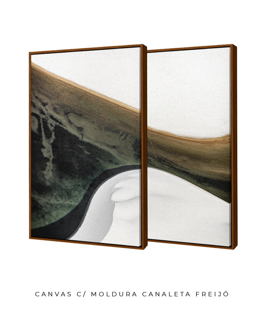 Quadro Decorativo Abstrato e Curvas - Tons Branco, Cinza e Verde-Dupla