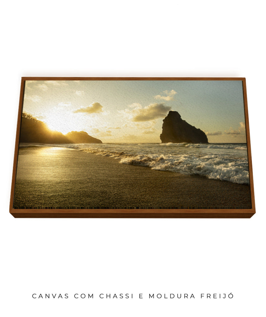 Quadro Decorativo Pôr do Sol, Praia e Rochas