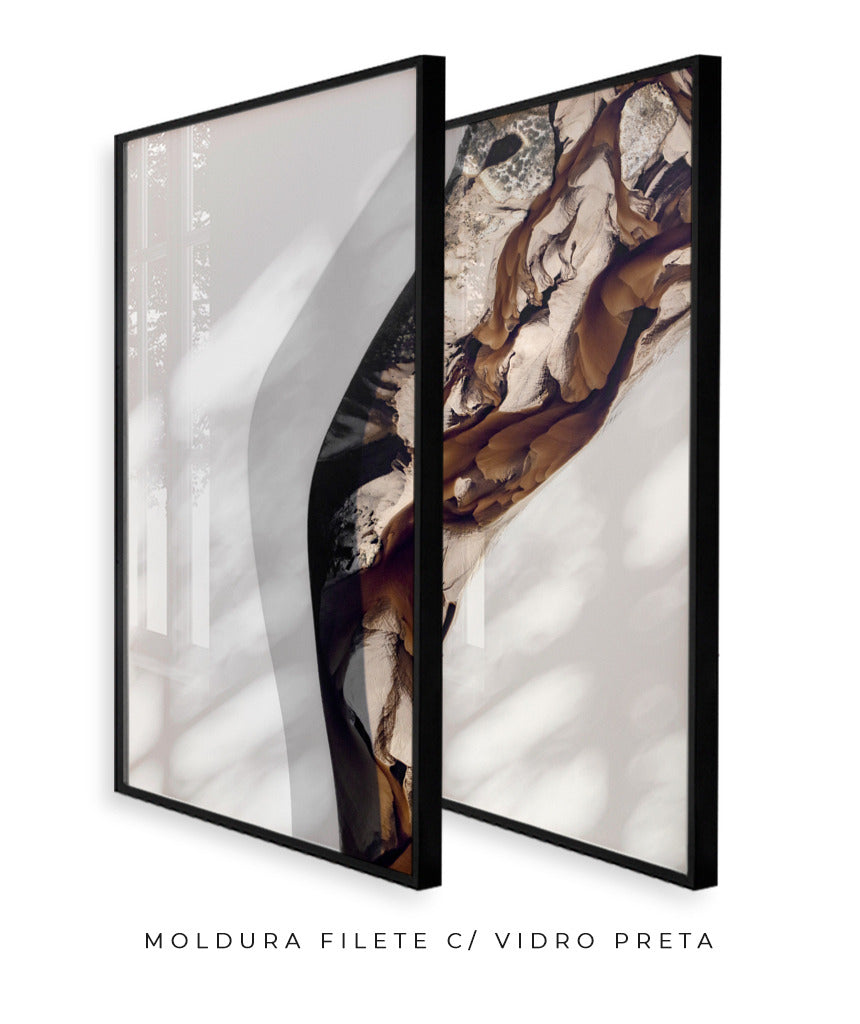 Quadro Decorativo Abstrato e Curvas - Tons Marrom e Branco -Dupla