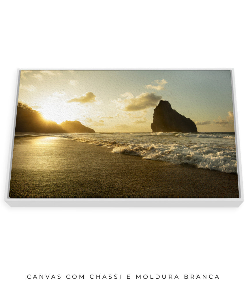 Quadro Decorativo Pôr do Sol, Praia e Rochas