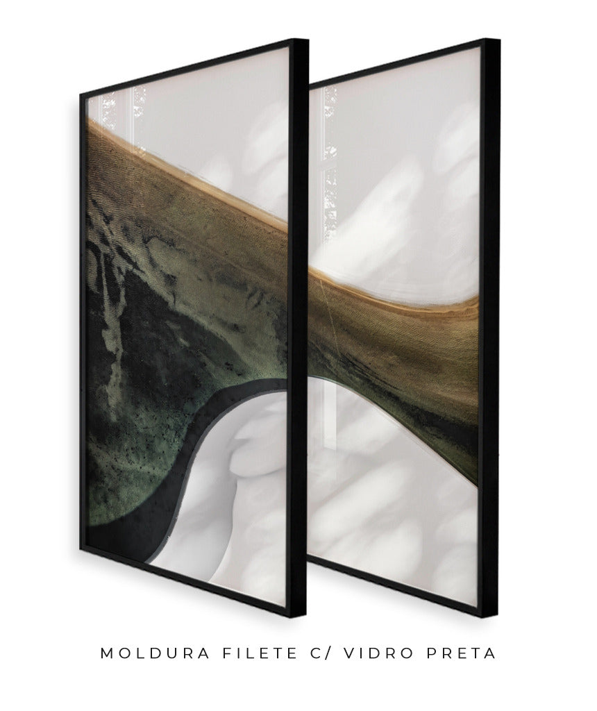 Quadro Decorativo Abstrato e Curvas - Tons Branco, Cinza e Verde-Dupla
