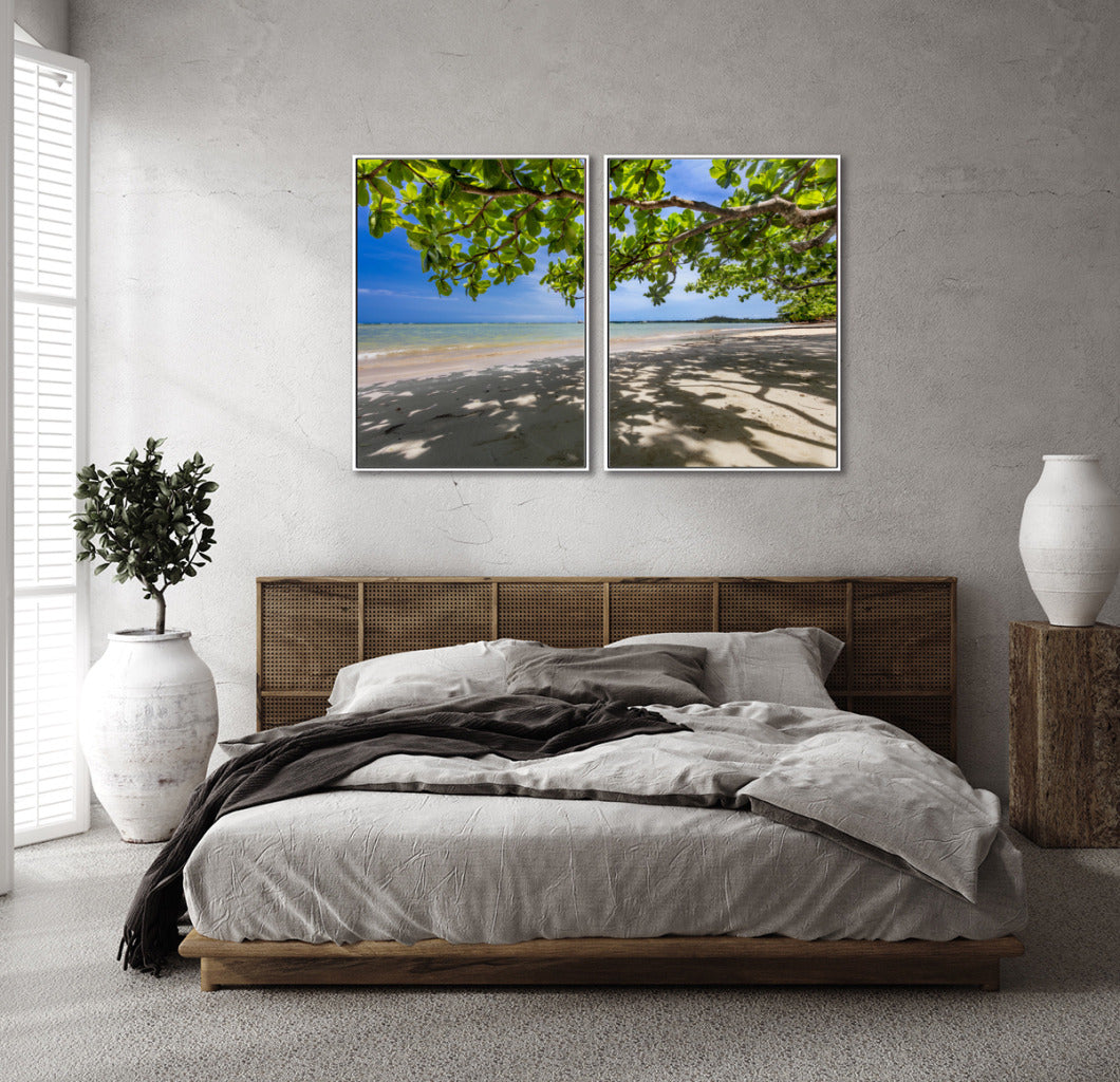 Quadro Decorativo Praia, Mar e Árvore Verde -Dupla