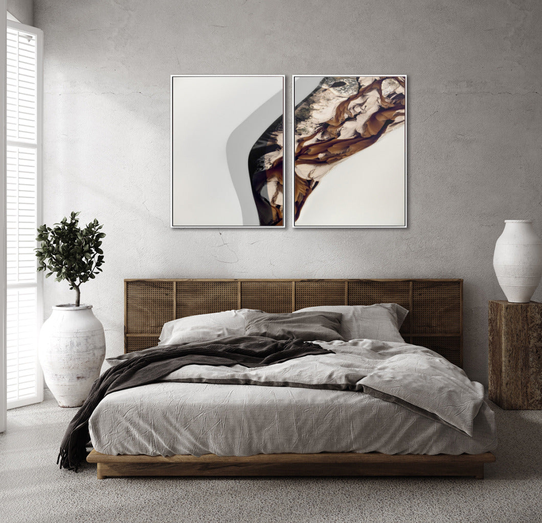 Quadro Decorativo Abstrato e Curvas - Tons Marrom e Branco -Dupla