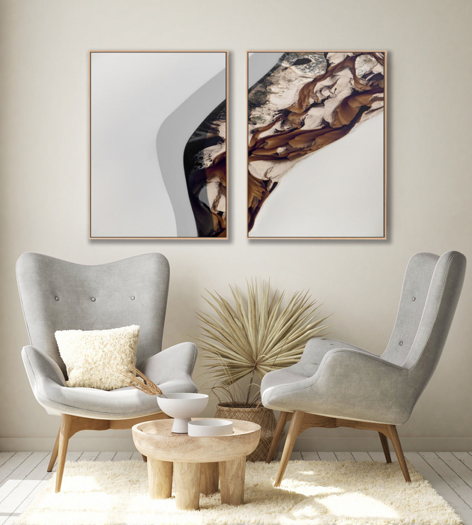 Quadro Decorativo Abstrato e Curvas - Tons Marrom e Branco -Dupla