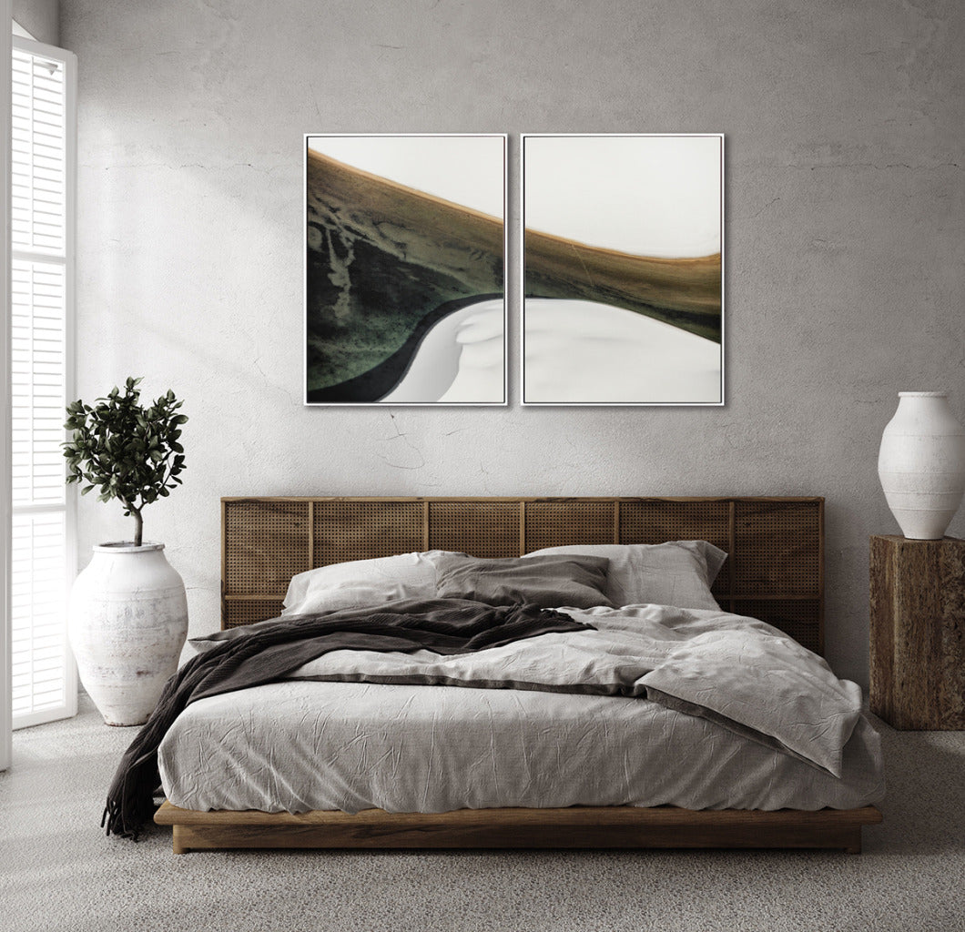 Quadro Decorativo Abstrato e Curvas - Tons Branco, Cinza e Verde-Dupla