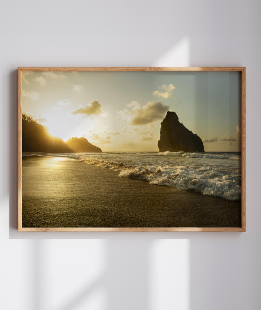 Quadro Decorativo Pôr do Sol, Praia e Rochas