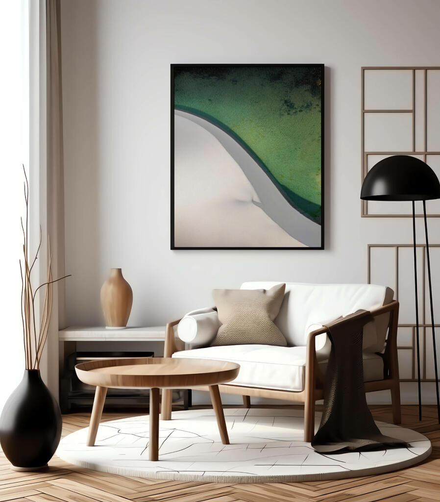 Quadro Decorativo Abstrato e curvas -Tons de branco e verde Vertical