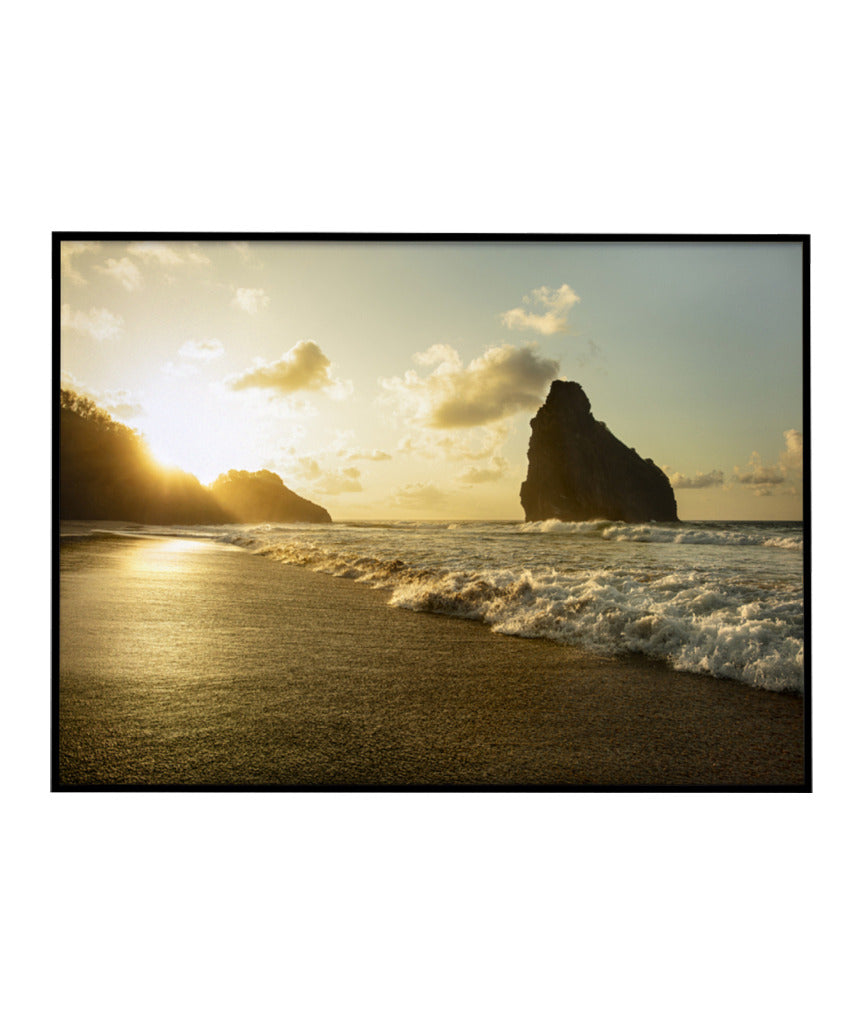 Quadro Decorativo Pôr do Sol, Praia e Rochas